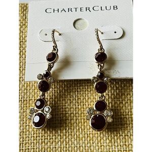 Charter Club Ruby Red & Clear Crystals Dangles Lever-back Earrings New On card